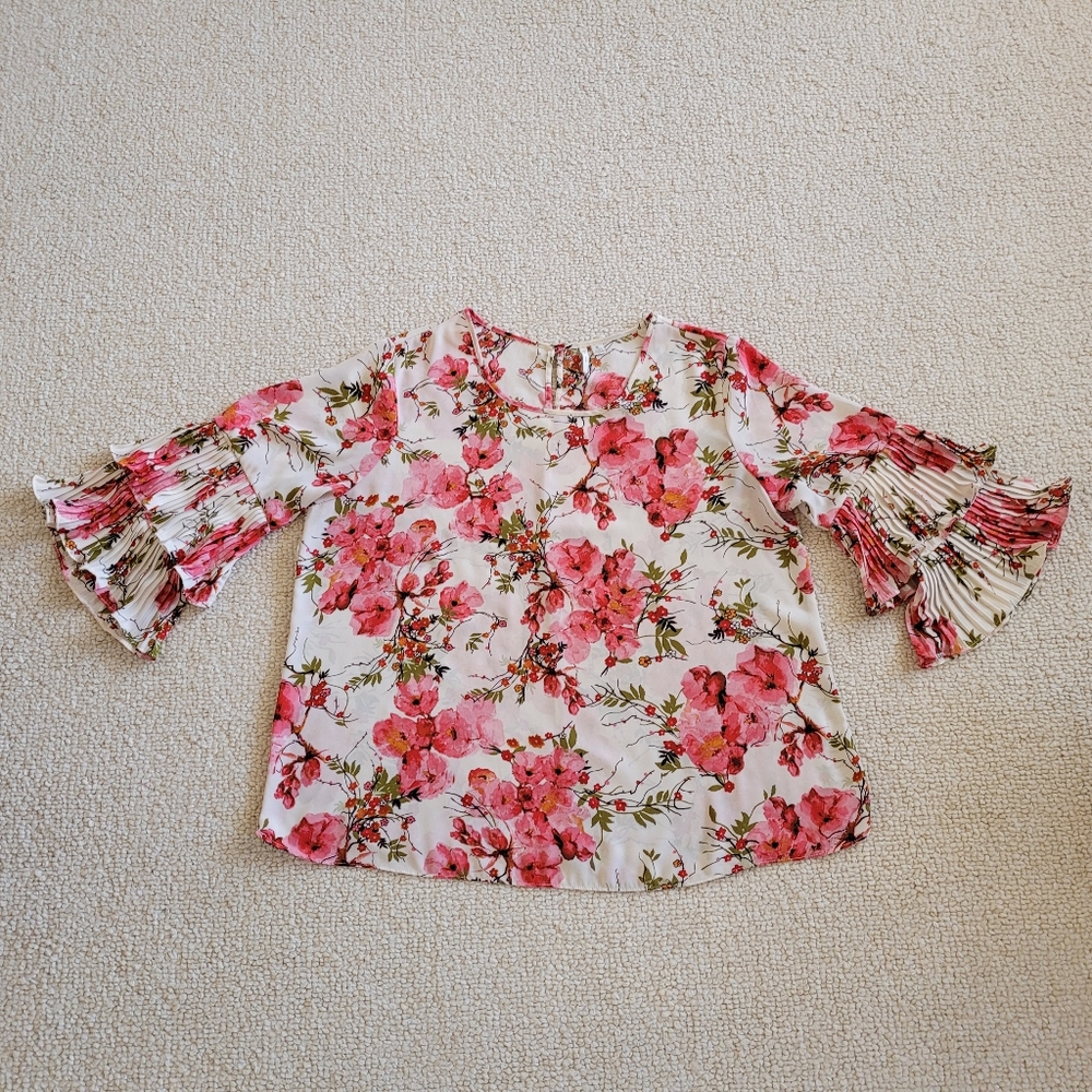 Pink & White Floral Ruffled Bell Sleeve Blouse Size XL Romantic Spring Summer.